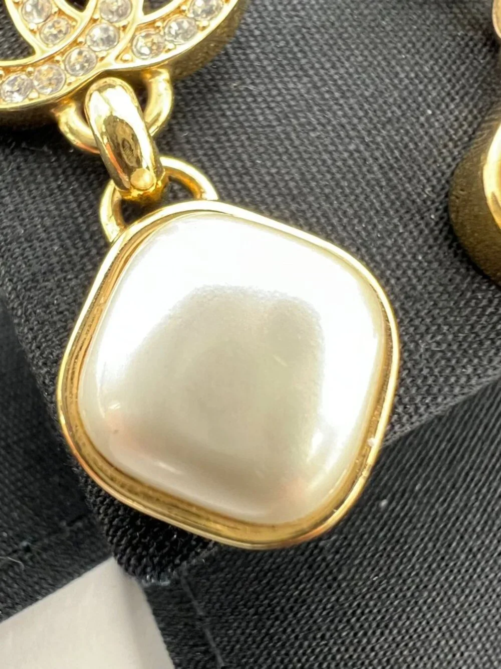 Chanel Gold Crystal CC Pearl Dangle Earrings